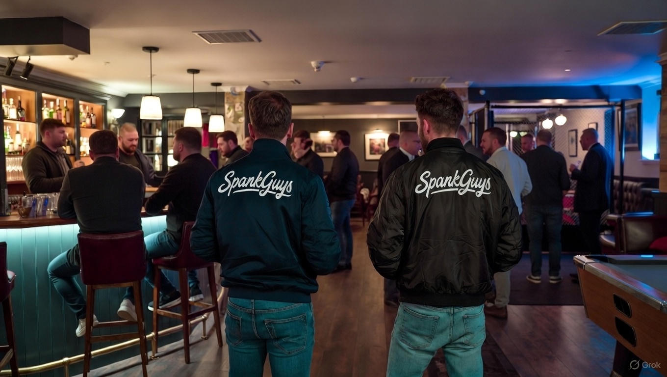 Two men wearing jackets with the Spank Guys logo on the back